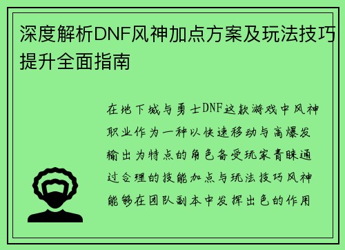 深度解析DNF风神加点方案及玩法技巧提升全面指南